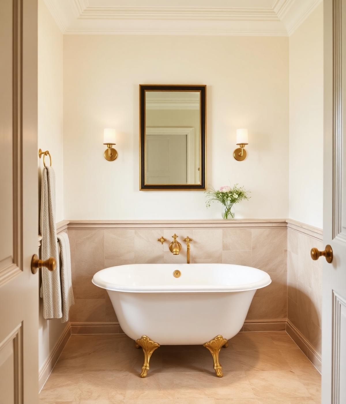 Salle de bains rénovée en travertin et laiton
