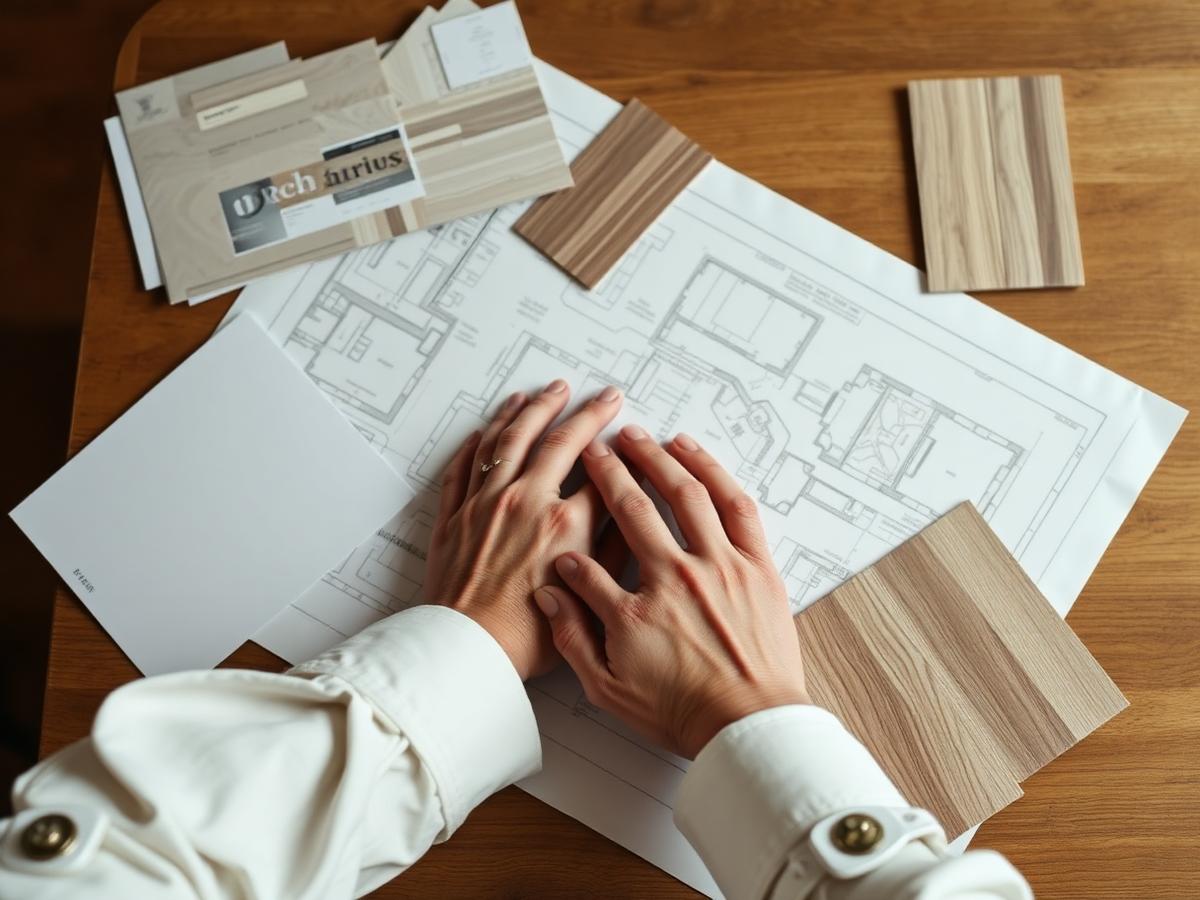 Plans de rénovation et échantillons de matériaux sur une table en bois